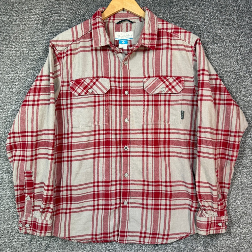 Columbia Mens Flannel Shirt Medium Red Gray Plaid Long Sleeve Button Down Cotton